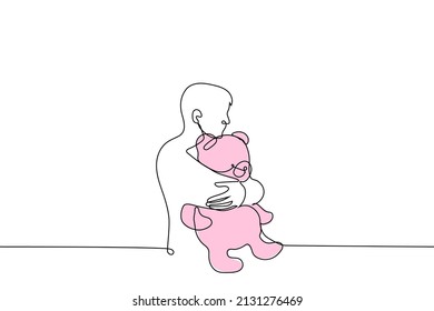 adult man hugging big pink bear and both arms    one line drawing vector  concept brutal masculine man loves cute soft toys pink color