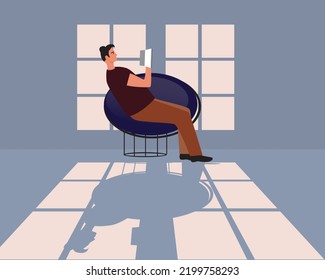 Adult man and leisure with book by window in evening or at night, flat vector stock illustration with shadow as concept of introversion and hobby