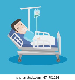 An adult man lying in hospital bed with oxygen mask. Man during medical procedure with drop counter. Patient recovering in bed in hospital. Vector flat design illustration. Square layout.