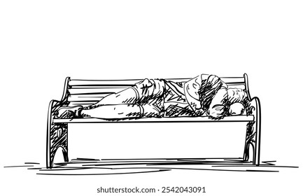 Erwachsener Mann auf seiner Seite liegend, auf einer Straßenbank schlafend, handgezeichnete Illustration, Vektormonochrome Skizze