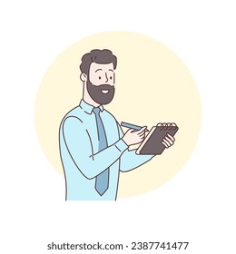 An adult man makes notes with a pen. Young man holding paper notebook. Thinking man character. Isolated on white background. Guy studying and writing in notebook. Education. Vector illustration.
