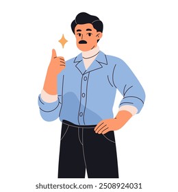 Adult man with mustache shows approval hand gesture. Happy employee with thumbs up. Business person with sign of success, good mood, win. Flat isolated vector illustration on white background