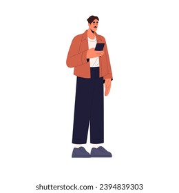 Adult man with mustache standing, hold smartphone. People looking in mobile phone, communicate by online messenger. Communication by modern technology. Flat isolated vector illustration on white - Shutterstock ID 2394839303