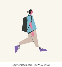 an adult man on foot, carrying a backpack, with purple shoes and a blue t-shirt, long hair tied up, attractive casual clothing, with a flat illustration, and a white background