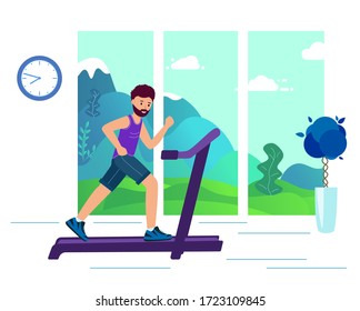 An adult Man on a treadmill doing sports in the background of the window. Sports room, fitness room. The concept of a healthy lifestyle. Bright Vector illustration in modern flat style.