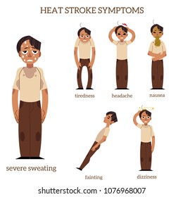 Adult Man With Painful Face Expression, Heat Stroke Symptoms Set. Nausea Vomiting, Tiredness, Fainting Dizziness, Headache Sweating. Flat Male Character Worker With Health Problem. Vector Illustration