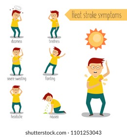 Adult Man With Painful Face Expression, Heat Stroke Symptoms Set. Nausea Vomiting, Tiredness, Fainting Dizziness, Headache Sweating. Flat Male Character Worker With Health Problem. Vector Illustration