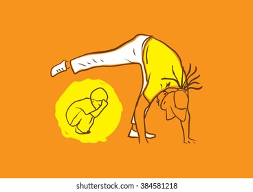Adult man play capoeira with baby.