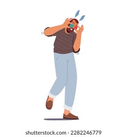 Adult Man Playing and Fooling with Decorated Eggs. Easter Holiday Celebration, Eggs Hunt Concept Isolated on White Background. Male Character Prepare for Event. Cartoon People Vector Illustration