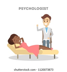 Adult man at psychologist on white background.