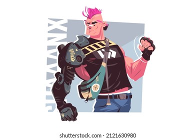 Adult Man In Punk Style Vector Illustration. Cool Bright Outfit, Pink Mohawk Flat Style. Popular Punk Subculture And Hooligans Lifestyle Concept. Isolated On White Background