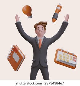 Adult man rising up hands, using office supplies. Planning and performing tasks concept. Office productivity. 3d business people concept. Vector illustration in cartoon style