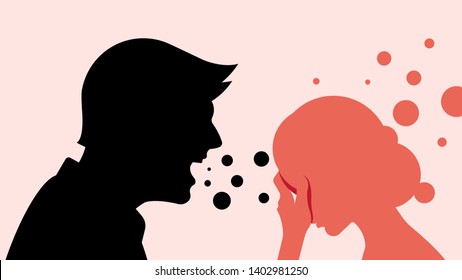 Adult man screams at a woman. Man is angry at his wife. Silhouette of couple. Abuse, punishment, suppression, abuse, scream.