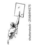 Adult man with sign board during protest, View from back Vector sketch, Hand drawn illustration