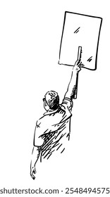 Adult man with sign board during protest, View from back Vector sketch, Hand drawn illustration