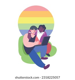 Erwachsener Mann sitzt auf dem Trainer und arbeitet auf Laptop, männlicher Freund sitzt in der Nähe und umarmt ihn, LGBT-Flagge auf dem Hintergrund. LGBT-Gemeinschaftskonzept Vektorflache Illustration in hellen Farben