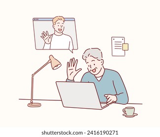 Adult man sitting at table with computer and having video call with grandson. Older peoples activities and hobby. Hand drawn style vector design illustrations.