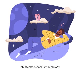 Adult man sleeps with his arm behind his head. Alarm clock floats in clouds above sleeping man. Concept of healthy sleep, dreams. Vector flat illustration.