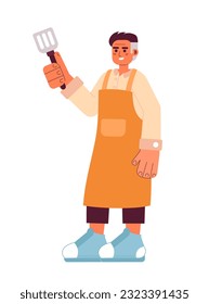 Hombre adulto parado con espátula de acero de carácter vector colorido semi plano. Hombre de cuerpo completo editable en la cocina vestido de blanco. Ilustración simple de dibujos animados para el diseño gráfico web