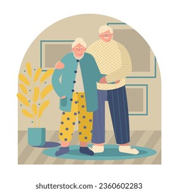 Adult man standing near wife and hugging her. Happy old age. Portrait of senior smiling man and woman at home. Flat vector illustration in cartoon style in blue and yellow colors