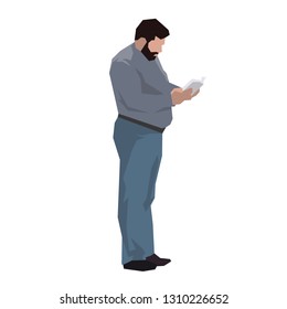 Adult man standing and reading book, isolated vector illustration. Side view. Flat design character