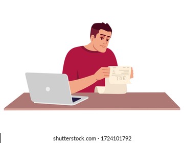 Adult Man Studying Bill Semi Flat RGB Color Vector Illustration. Sad Caucasian Guy Isolated Cartoon Character On White Background. Financial Problems, Debt Repayment. Emotional Pressure, Stress