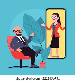 Adult man talking to woman in mobile phone screen. Virtual assistant, working remotely, good tele communication, healthy relationships, personal growth. Vector creative vibrant botanical illustration