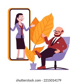 Adult man talking to woman in mobile phone screen. Virtual assistant, working remotely, good tele communication, healthy relationships, personal growth. Vector creative vibrant botanical illustration