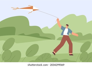 Adult man walking with flying air kite outdoors. Person holding it with string and fly to sky. Happy guy playing with toy alone. Kidult having fun in nature. Flat vector illustration