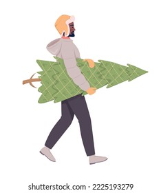 Hombre adulto caminando a casa con un verdadero personaje vectorial de color semi-plano del árbol de Navidad. Figura editable. Persona de cuerpo entero sobre blanco. Ilustración simple de estilo de dibujos animados para diseño gráfico web y animación