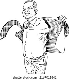 Adult Man With Waving Tie Taking Off His Jacket. Black And White Illustration.