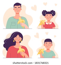 Adult man, woman, boy and girl eat a banana. Healthy food concept, healthy snack. Fruits, vitamins for the whole family. Flat vector isolated illustration on white background