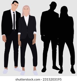 Adult Man with Woman Business Standing in Fashion Style Silhouettes with Portrait.