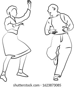 Adult man and woman dancing Rock and Roll. Black and white vector - the logo of the dance. A man in a suit, a woman in a skirt. Isolated image on a white background. 1950s,1960s style.