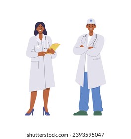 Adult man and woman doctor cartoon characters wearing uniform isolated on white background