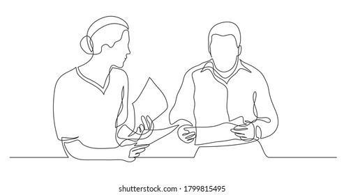 adult man and woman having conversation together - one line drawing