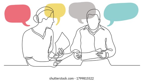 adult man and woman having conversation together - one line drawing with speech bubbles