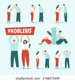 Adult man and woman, husband and wife in conflict. Concept of family quarrels, aggression, violence, relationship problems, divorce. Set of seven couples. Flat isolated vector illustration.