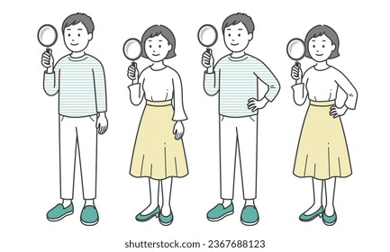 Adult man and woman with magnifying glass