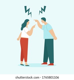 Adult man and woman quarrel. Concept of family conflicts, resentment, aggression, divorce. Husband and wife scream and swear. Flat vector illustration isolated.