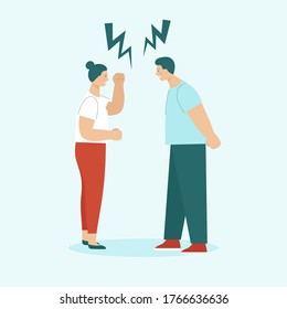 Adult man and woman quarrel. Concept of family conflicts, resentment, aggression, divorce. Husband and wife scream and swear. Flat vector illustration isolated.