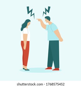 Adult man and woman quarrel. Concept of family conflicts, resentment, aggression, divorce. Husband and wife scream and swear. Flat vector illustration isolated.