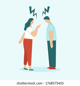 Adult man and woman quarrel. Concept of family conflicts, resentment, aggression, divorce. Husband and wife scream and swear. Flat vector illustration isolated.