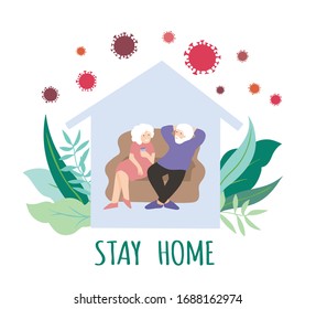 Adult man and woman sitting in house in leaves with virus around. Text "Stay home". Vector illustration for quarantine in covid-19 pandemic, coronavirus epidemic