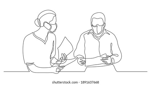 adult man and woman wearing face masks having conversation together - one line drawing