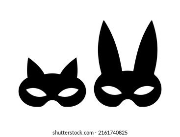 Adult Mask Cat And Bunny Vector Icon Set. Black Bdsm Fetish Masquerade Costume Eye Mask Silhouette Hidden Person Face. Simple Design Incognito Sex Party Woman Cosplay Clip Art Illustration.