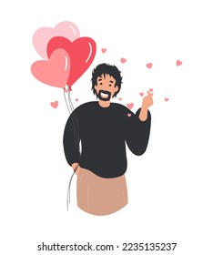 Adult, mature Man with heart balloons. Man in love on February 14 with. Valentines people collection. Cartoon flat vector illustration, Korean heart sign. Finger love symbol