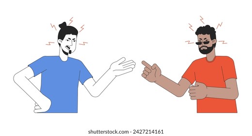 Adult men arguing scandal 2D linear cartoon characters. Conflict friends isolated line vector people white background. Gesture body language, emotion expression color flat spot illustration