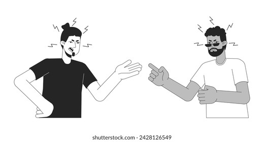 Hombres adultos discutiendo el escándalo blanco y negro 2D línea personajes de dibujos animados. Amigos de conflicto aislado vector contorno personas. Lenguaje corporal de gestos, expresión emocional, ilustración de mancha plana monocromática