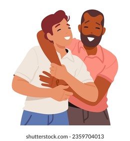 Adult Men Friendly Hug, Mature Male Characters Warm Embrace, Conveying Camaraderie And Connection Through A Brief And Respectful Physical Gesture. Cartoon People Vector Illustration